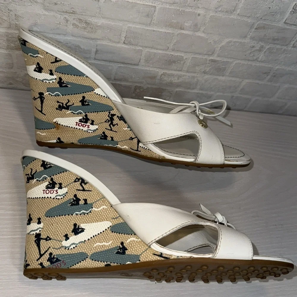 Tod's White Ribbon Wedge Wakeboard Pattern Espadrille Sandal Heel Shoes